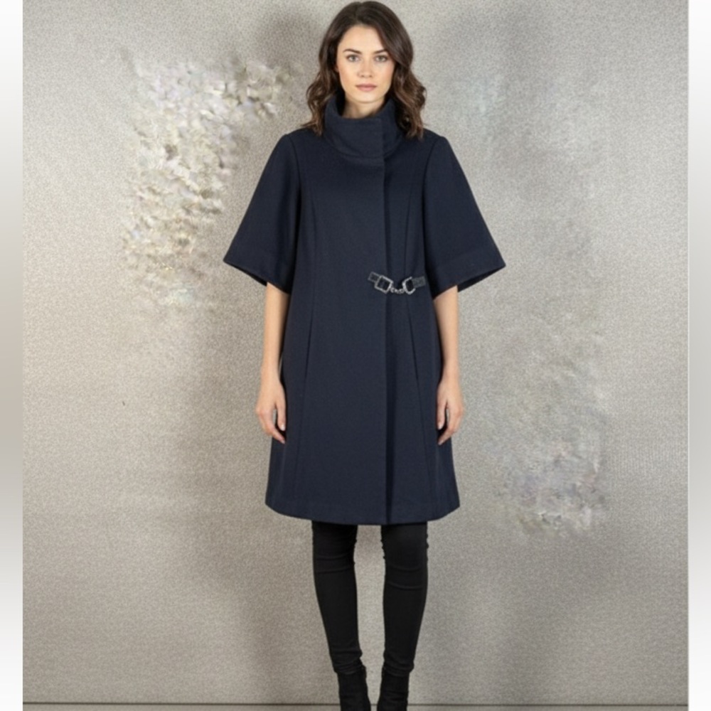 Tibi New York Coat Womens 10 Black Wool Short Sleeve‎ Funnel Neck Chain Jacket